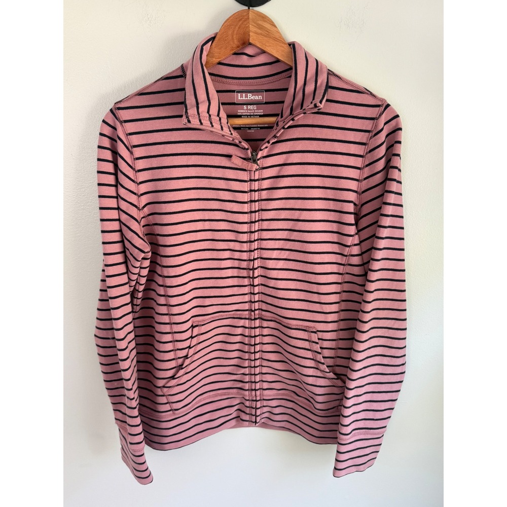 LL Bean Womens Full Zip Sweatshirt Small Pink Navy Blue Striped Mock Neck 501609
